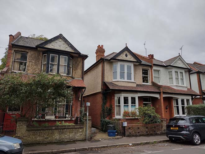 Fig. 14: A detached house sits adjacent to the otherwise consistent Edwardian terrace, with projecting bays, gables, and porches