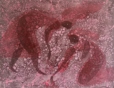 2 figures facing the centre of the canvas, bending down as if they are picking/cultivating, one standing, one on its knees. Simple burgundy body forms, surrounded by a light red see-through pellicle that resembles a cell membrane. The background is a mix of burgundy, red, light pink and bright pink, similar to fungus or lichen on a roof, the background shows through the light see through forms of both figures.