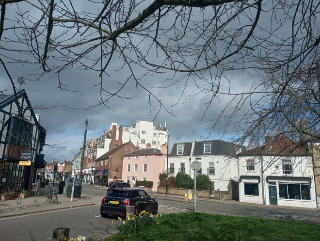 Figure 110: View looking west along the High Street at the junction of the three roads